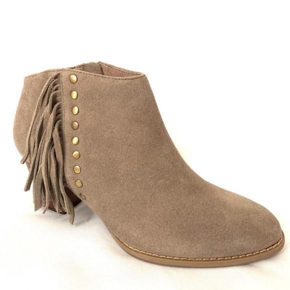Vionic Shoes - Vionic Faros Studded Fringe Suede Ankle Bootie Beige Size 8.5